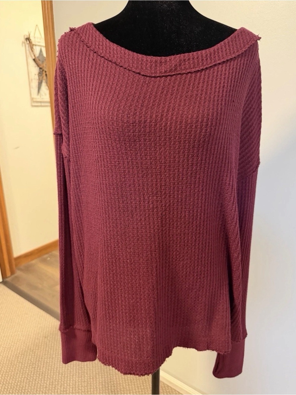 Free People We The Free Waffle Knit Oversized Thermal Top XS Plum Burgundy - Picture 2 of 5